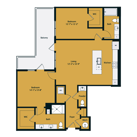 Floor plan for 2 beds, 2 baths, 1295 sqft